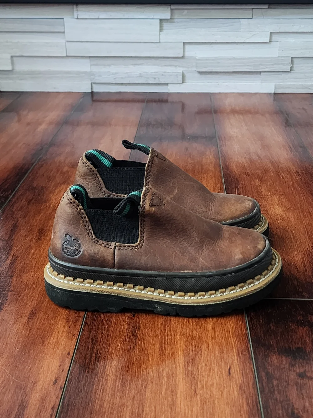 Georgia Boot Kids Brown Leather Slip-On Work Boots with Green Accents